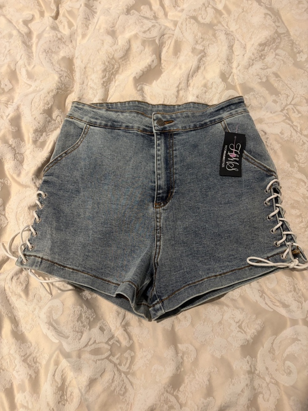 Hot Miami Styles Light Blue Lace-Up High-Rise Jean Shorts